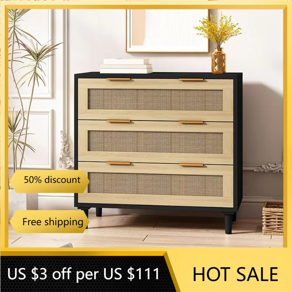 

Rattan Storage Cabinet Drawer Organizers 3 Drawer Rattan Dresser for Bedroom Chest of Drawers Home Freight Free