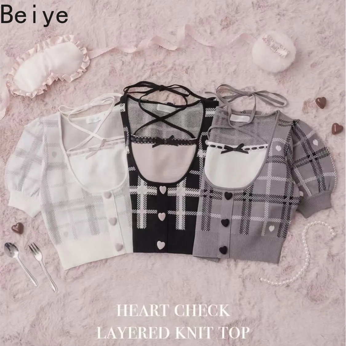 Short Sleeve T-shirt Summer Autumn Vintage Japanese Style Strap-up Cross Tube Top Stitched Peach Plaid Knitted Tops for Women