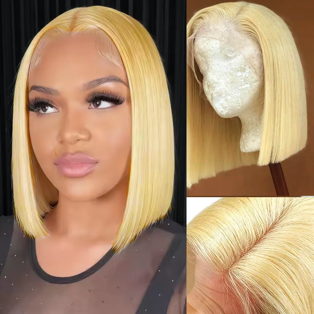 

613 Блондинка Боб Парик Человеческие Волосы Отбеленные Реми Бразильские 100% Парик Закрытия Человеческих Волос Дешевые 13x4 Прямой Короткий Боб Парик Предварительно Сорванные