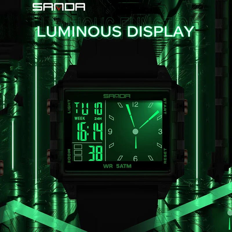 SANDA Fashion 6273 Electron Analog Watch for Men Women Square Dial Count Down Timer Waterproof Watch LED Luminous Digital