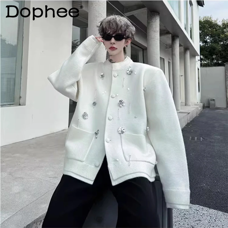 

Men's 2025 Autumn Winter New High-End Elegant Cardigan Knitted Jackets Men's Beaded Embroidered Round Neck Solid Color Sweaters