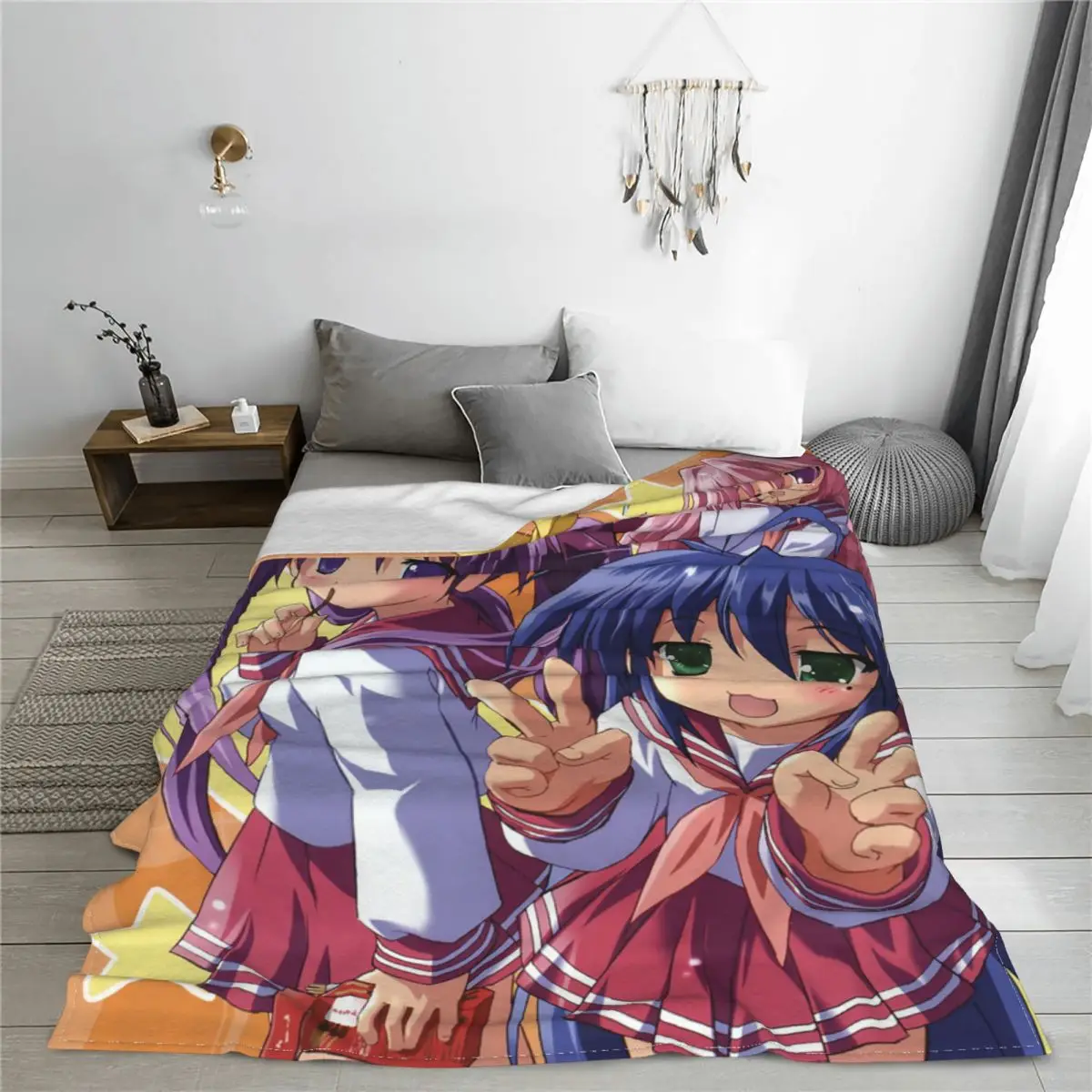 Lucky Star Anime Fleece Throw Blankets Konata Izumi Kagami Hiiragi Blanket for Home Travel Lightweight Thin Bedroom Quilt