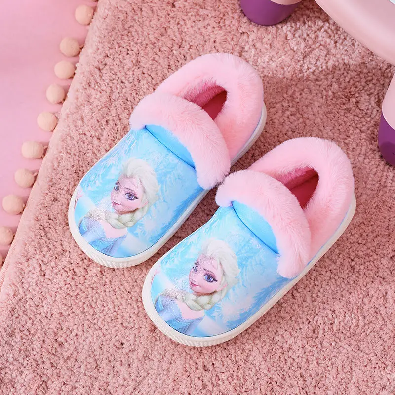 Disney Frozen Children\'s Cotton Slippers Winter Girls Cartoon Elsa Princess Girls Cotton Warm Purple Blue Shoes Size 19-25cm