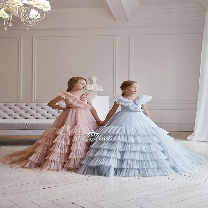 

Mauve Tulle Floor Length Wedding Flower Girl Dress Kids Party Dress with Ruffles Beaded Belt