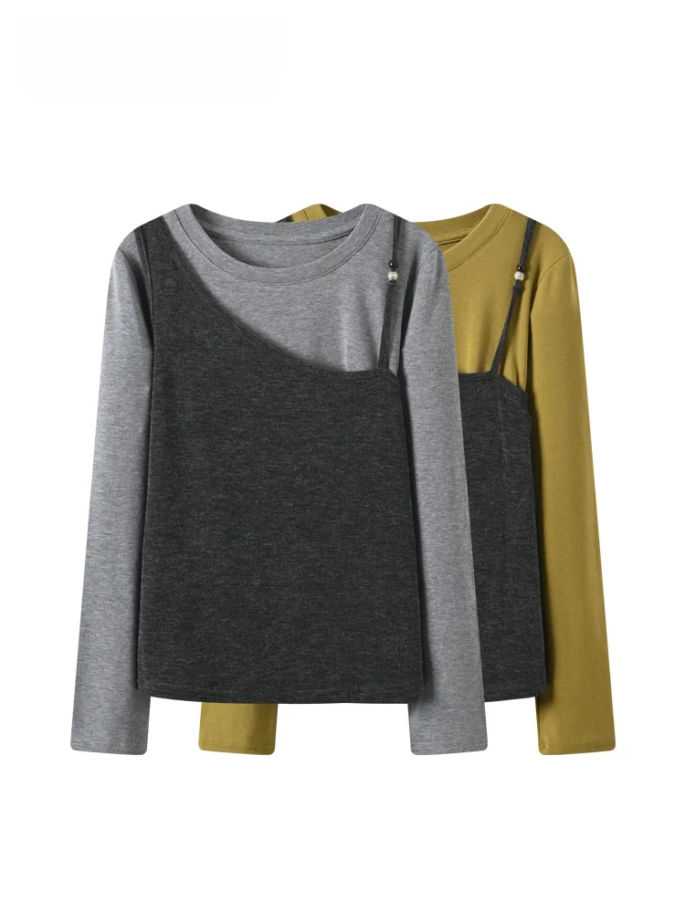 

plus Size Irregular Long Sve T-irt Women Winter New Sle Casual Top Fat Sister Patchwork Fake Two-Piece Ensemble