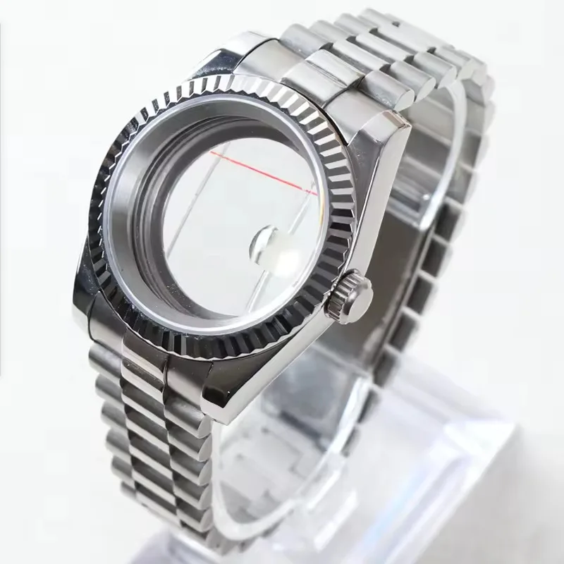 NH35Log Watch Case with Mirror Sapphire Glass and Presidential Strap Suitable for InstallationNH35 NH36Movement