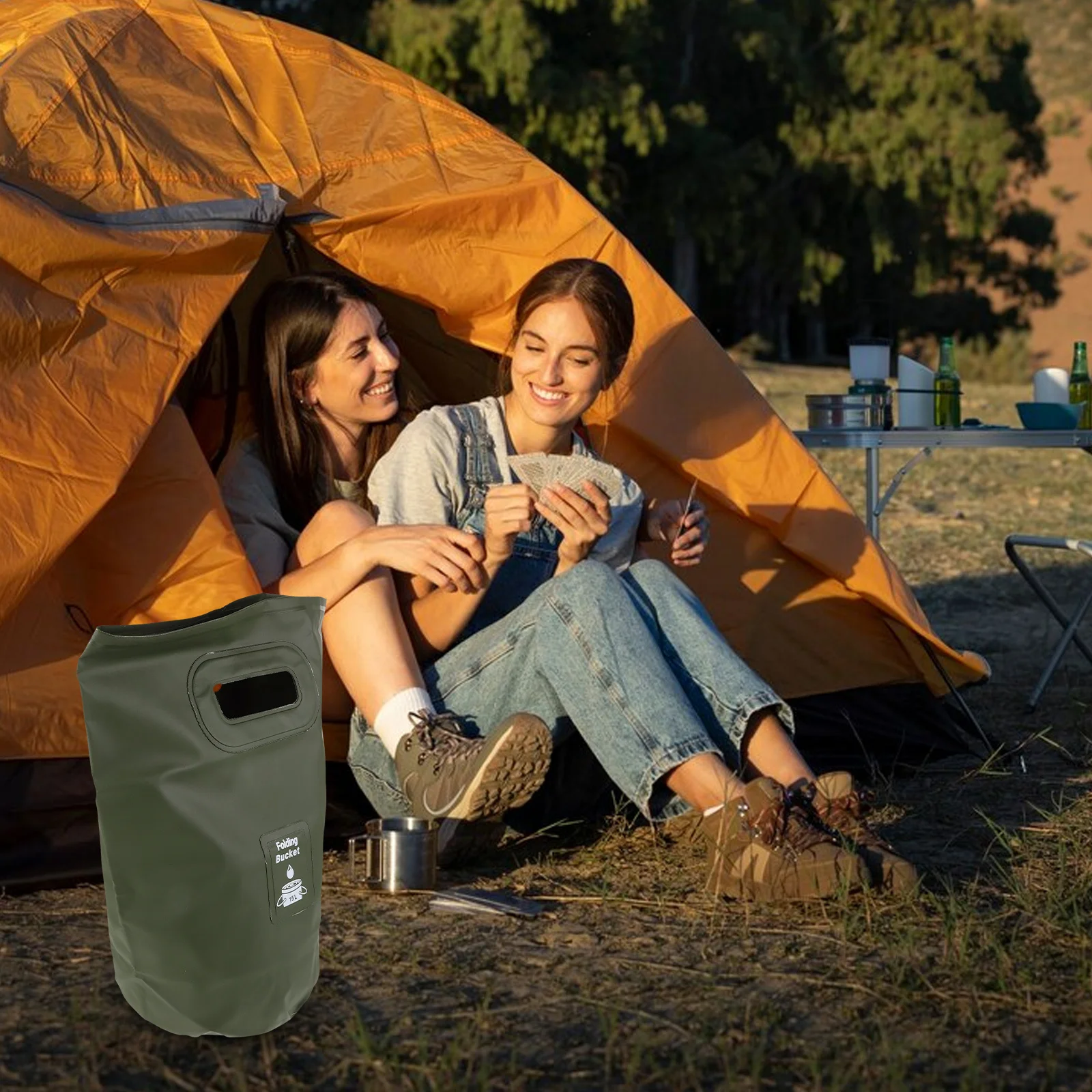 

Folding Bucket Camping Water Pressurize Collapsible Container Olive Green Fishing for Travel