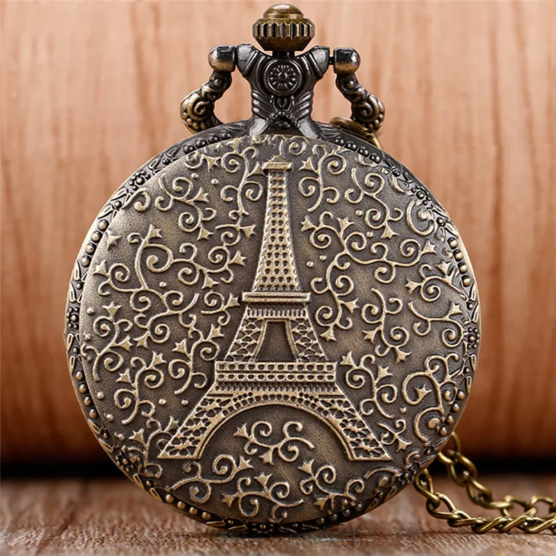 Torre Eiffel ahuecada de bronce, reloj de bolsillo de cuarzo Unisex, colgante, cadena de suéter, colección de recuerdos, regalo para hombres y mujeres