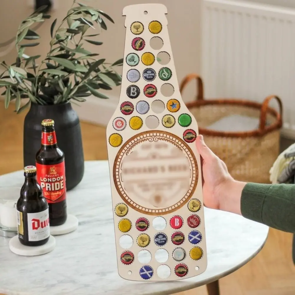 

Eye Catching Beer Cap Holder Hanging Craft Wall-mounted Wine Bottle Display Shelf Beer Bottle Shape Wooden Plywood