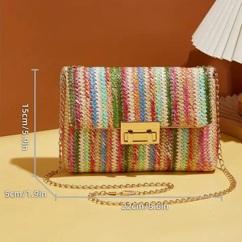 Multi Colored Striped Straw Clutch Handbag for Women Casual PU Leather Weave Summer Beach Purse Crossbody Shoulder Messenger Bag