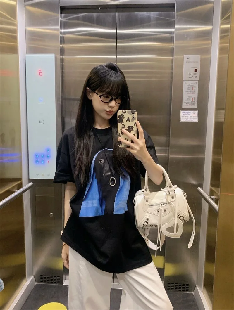 

Ro Punk Y2K Millennium Hot Girl Visual Dog Print T-irt Women's ort Sve Loose Fit round Ne Printed Top