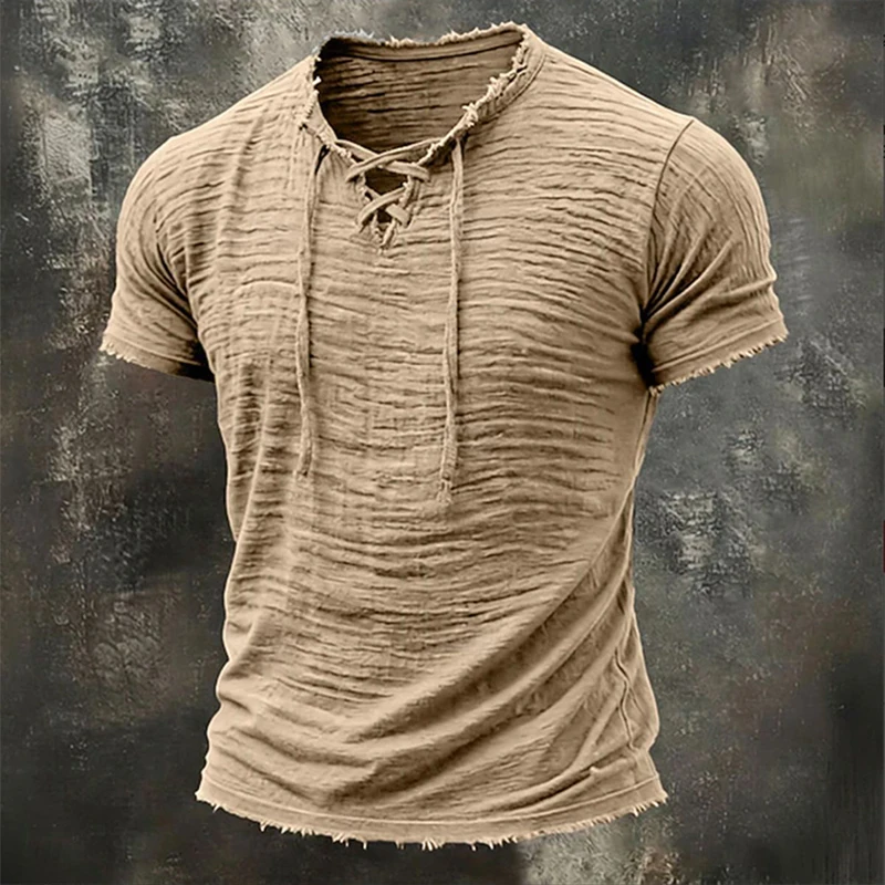 Fashionable Drawstring V Neck Ripped Tees Mens Summer Outdoor Loose Solid Color Breath T-shirt Men Short Sleeve T Shirt