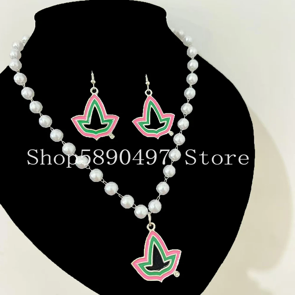 Pink green maple leaf pendant earrings pearl chain necklace set