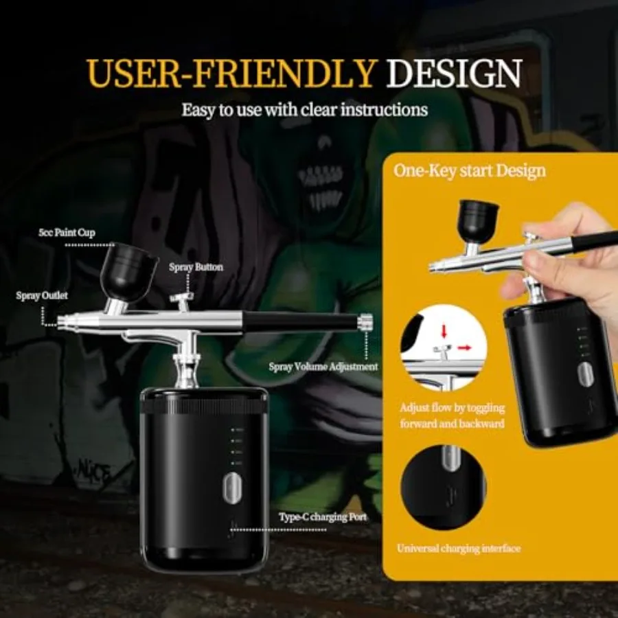 Handheld Rechargeable Cordless Airbrush Kit with 0.3mm and 0.5mm Nozzles for Nails Art Model Painting Creative Color Spraying F