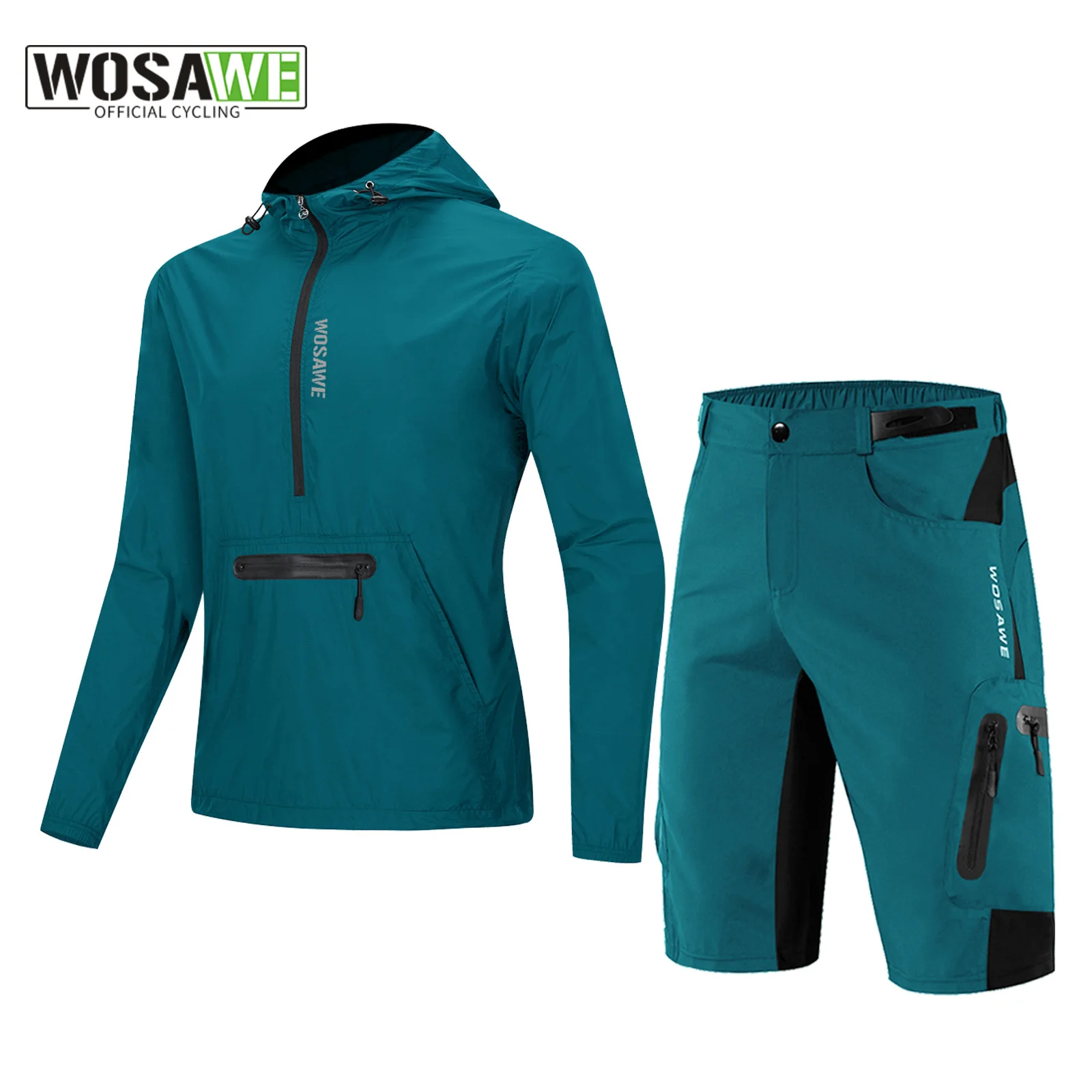 

WOSAWE Men Cycling Jacket Set Partial zipper Waterproof Windbreaker Bermuda Reflective Running Coat MTB Bike Cycling Clothing