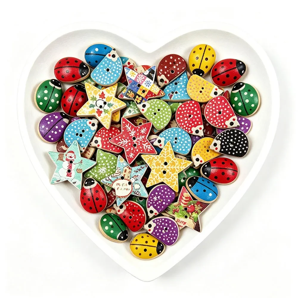 300PCS Cute Cartoon Hedgehog Wood Buttons Children's DIY Handmade Wooden Sewing Buttons Scrapbooking Two Holes Pentagram Star