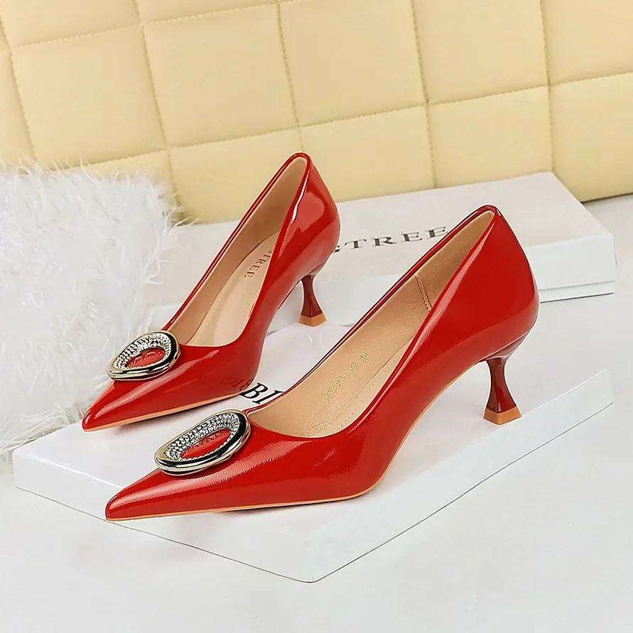 BIGTREE Shoes Rhinestone Studded Evening Pumps for Women\'s Party Outfits Metal Buckle Pointed Toe Women\'s Patent Leather Pumps