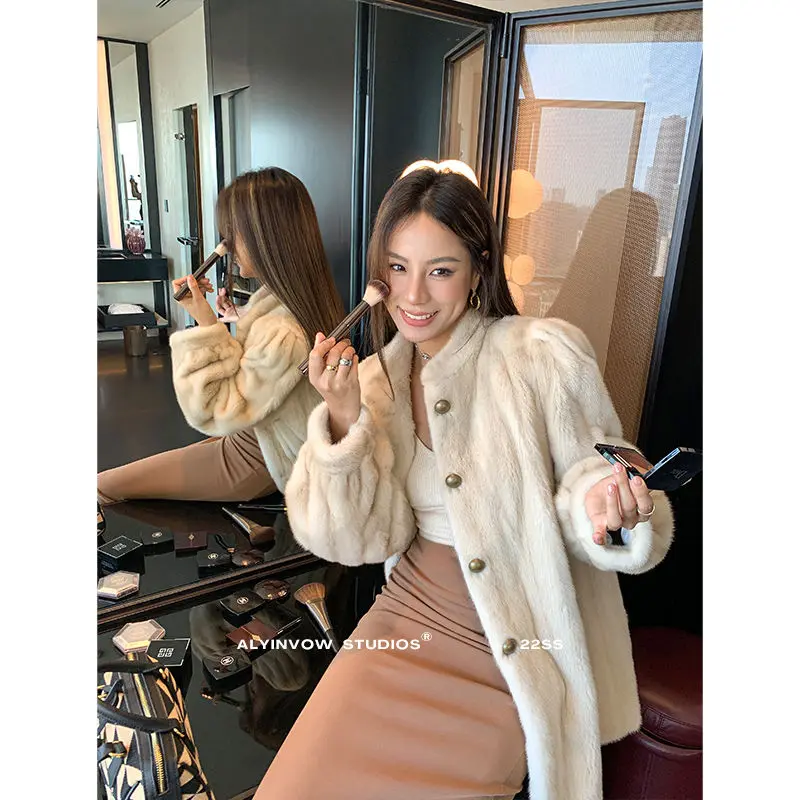 Luxury Vintage High-end Mink Coat Women Soft Fur Jacket Single-breasted Stand-up Collar Windproof Outerwear Design Jackets Trend