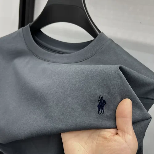 Imagen 2 del producto Camiseta 100% de algodón puro de manga corta con cuello redondo para hombre, superventas, marca de lujo, top transpirable con bordado de pony exquisito de verano