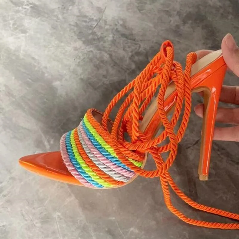 

Braided Rope High Heel Sandals Orange Ankle Wrap Pointed Toe Thin Heels Summer Dress Shoes Hollow Multi Colors Party Shoes