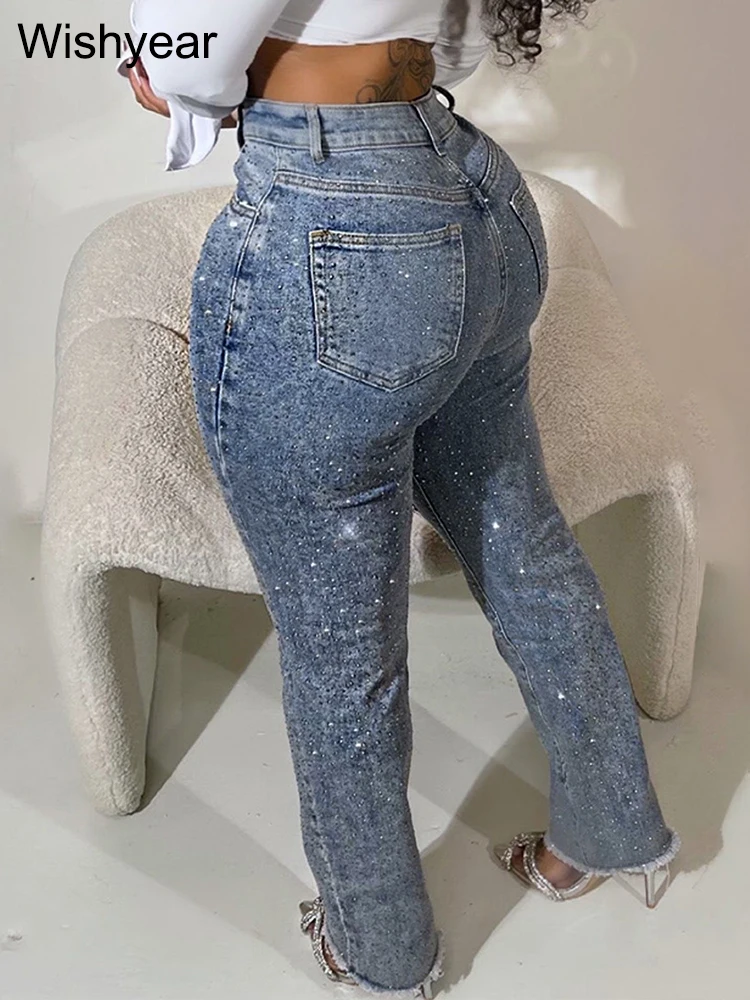 أزياء نحيل جينز سترتش للنساء الفاخرة الماس هول سروال رصاص عالية الخصر غسلها الشارع الشهير Y2k الشارع الشهير بنطلون #3