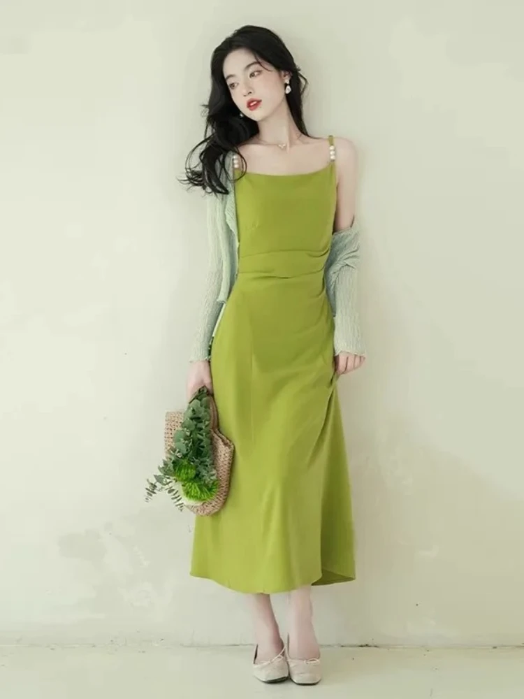 ผู้หญิงสีเขียว A-Line Dress Vintage Elegant แขนกุดปรับสายรัดฤดูร้อนคนดังวันหยุดเอวสูงแฟชั่น