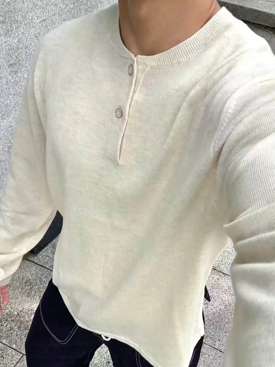 

Мужская повседневная шерстяная рубашка с длинным рукавом, свободного кроя, с воротником хенли, вязаная, для молодежи, на каждый день