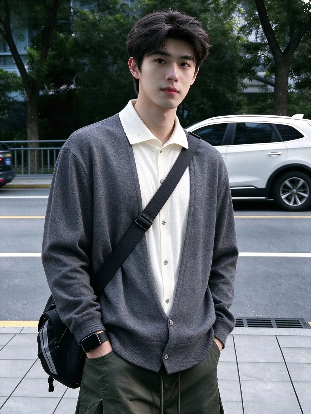 Autumn High Neck Knitted Cardigan Sweater Men's Cleanfit Color Block Outerwear Loose Fit Long Sleeve Warm Fashionable Top