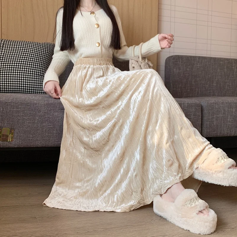 

Velvet Pleated Skirt Korean Style Winter Skirt Elegant Casual Thick A Line Long Midi Skirt Women Fashion Autumn Gentle Versatile