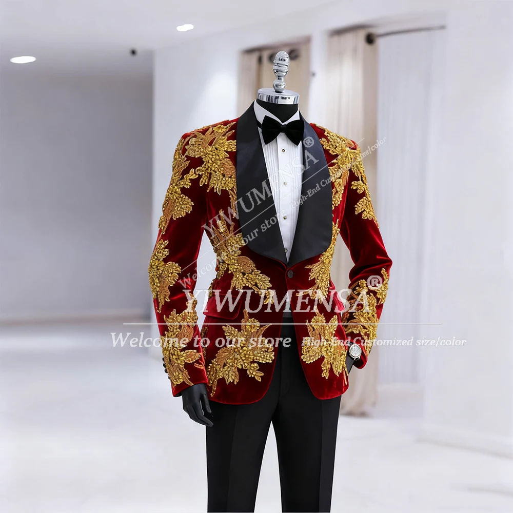 Luxury Gold Stone Appliuqes Suits Men 2 Pieces Sets Prom Blazer Customized Velvet Jacket With Solid Pants 2 Pieces Groom Tuxedos