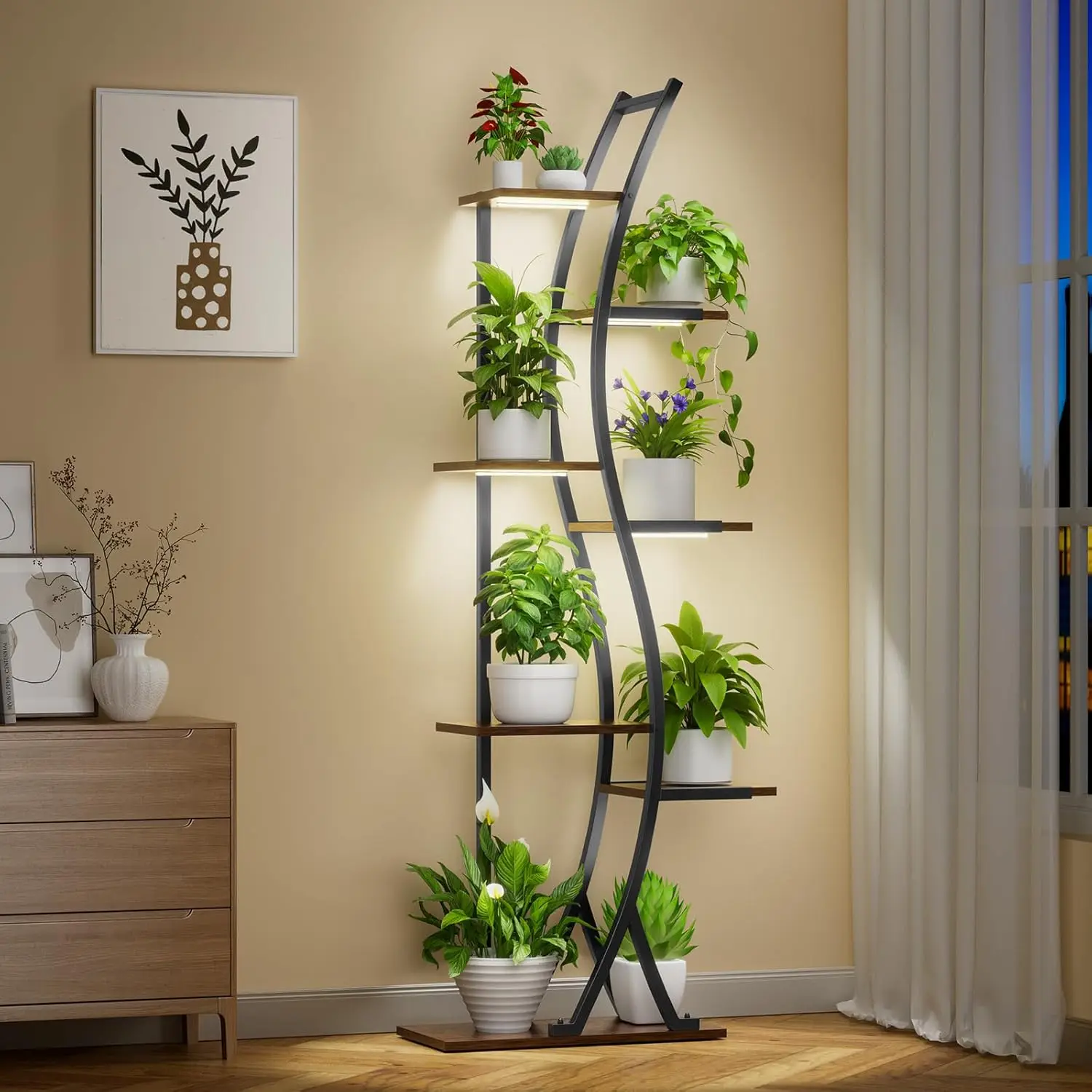 Support pour plantes d'intérieur avec lumière de croissance, étagère à plantes en métal à 7 niveaux, support pour plantes d'intérieur, coin incurvé, présentoir à fleurs, 62 po de haut