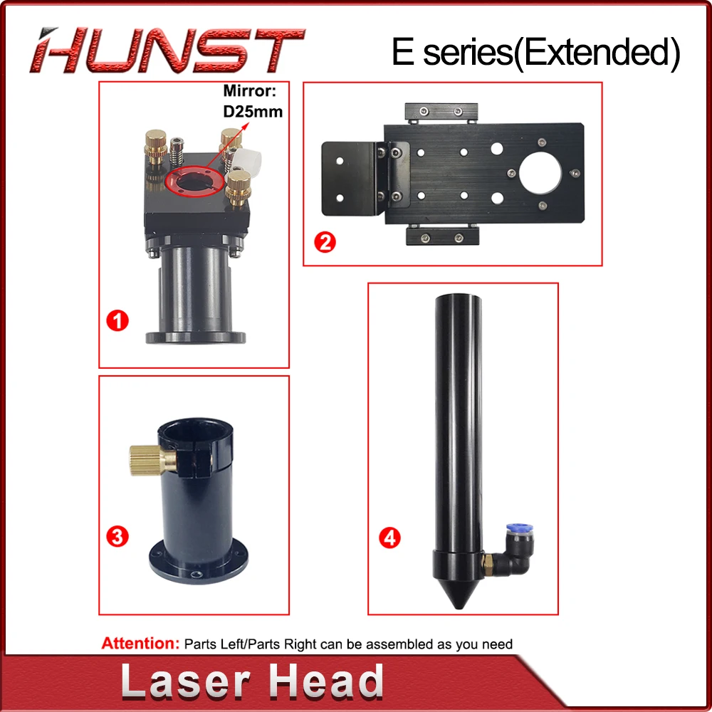Hunst CO2 Laser Head E Series (ممتد) للعدسة D20MM FL50.8 و63.5 مرآة 25 مم لآلة النقش والقطع بالليزر.