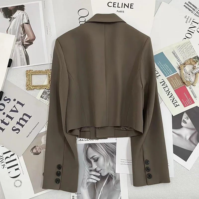 Korean Style Cropped Blazers for Women Fashion Single Button Black Small Suit Jacket New All-Match Notched Collar Blazer Coat