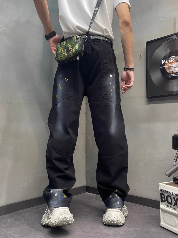 

Men's Loose Fit Straight Leg Denim Jeans Large Size 300 Pounds Design Heavy Splashed Ink Wide Leg Knife Pants Autumn New Style
