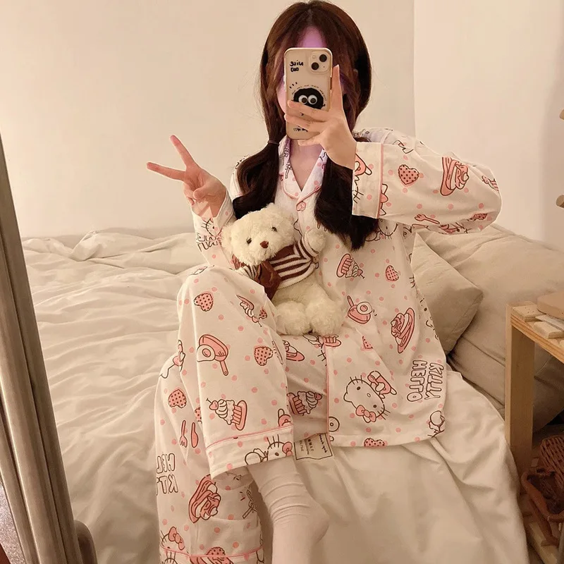 

Cute Hello Kitty Women's Spwear Long Sve Pure Cotton Spring Autumn Home Clothes Set Sweet Sle Student Can Wear Outdoors Kawaii