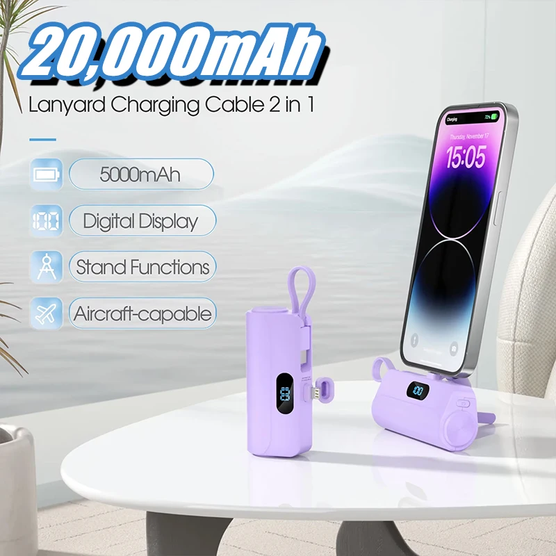 

Мини-портативное зарядное устройство 20000 мАч со встроенными двумя кабелями, складная подставка, светодиодный цифровой дисплей, подходит для IPhone Xiaomi Samsung