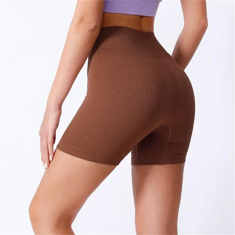 Celana Yoga Pinggang Tinggi Untuk Wanita, Dirancang Untuk Mengangkat Dan Membentuk, Ketat Dengan Warna Solid Dan Tekstur Bergaris, Celana Pendek Olahraga