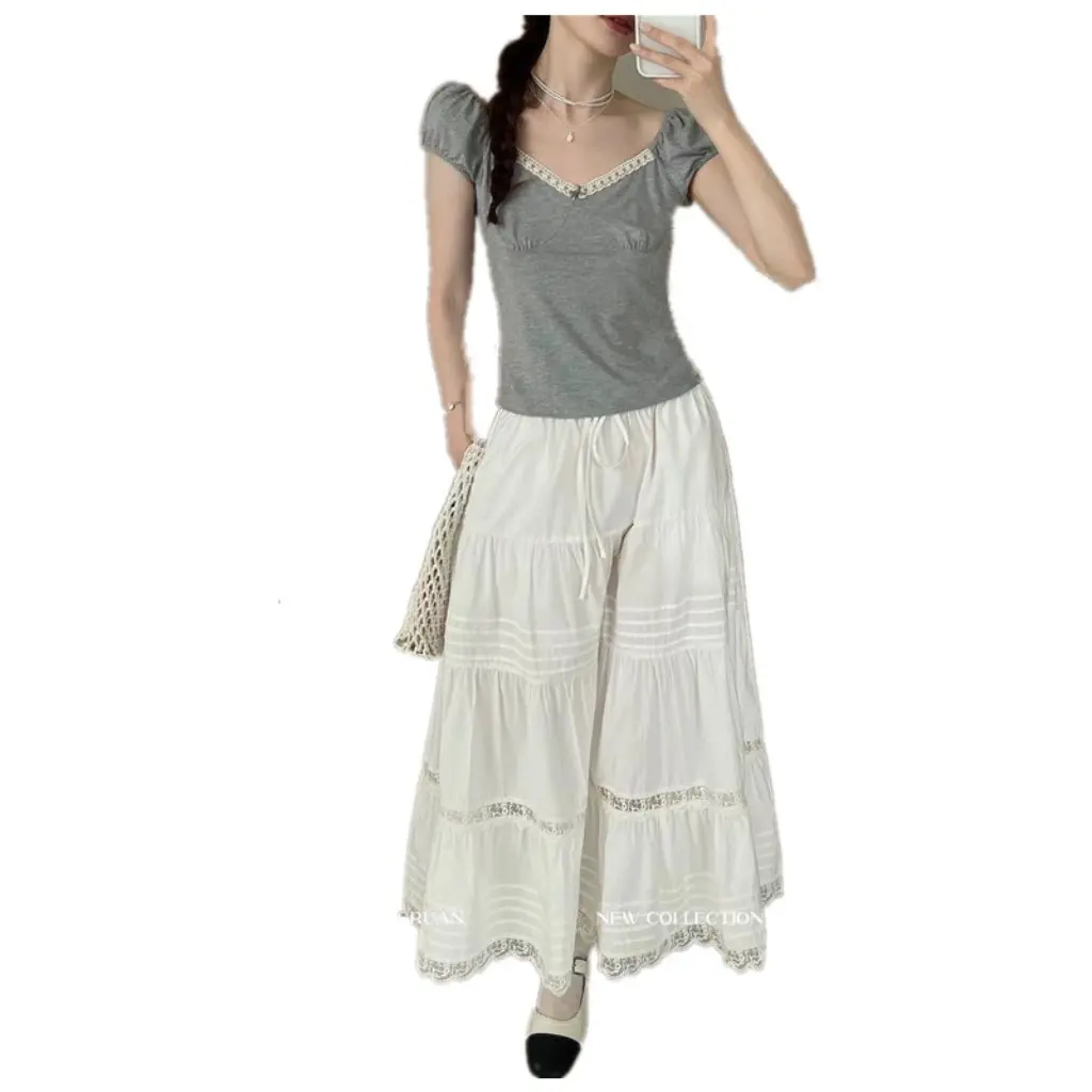 

White High Waist A-Line Skirt Elegant Lace Stitching Early Spring New Women's Fashionable Midi Skirt