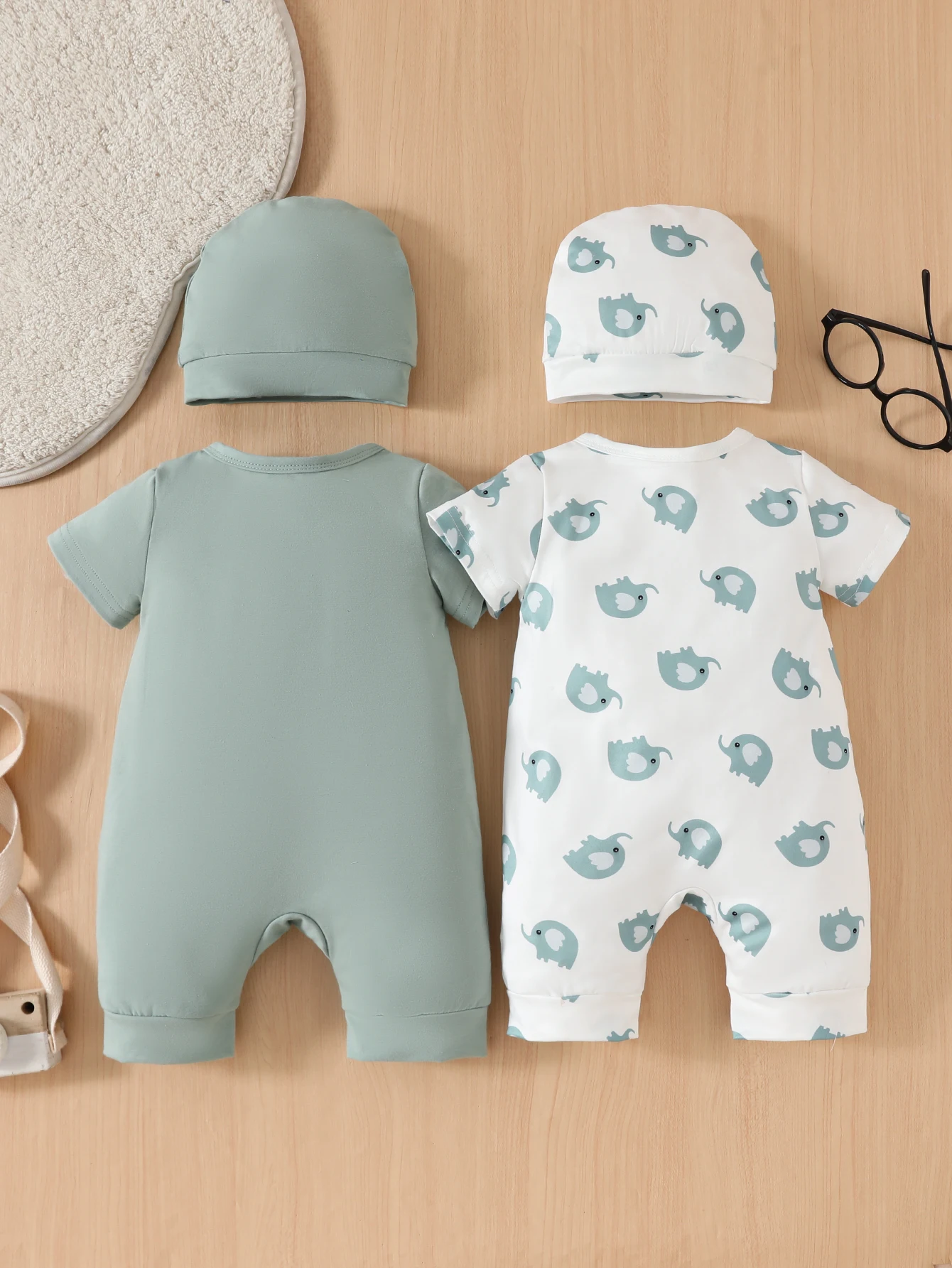 Baby Boys Casual Round Neck Short Sleeve Solid Color Outfits With Cute Animal Prints 2 Piece Set With Hat
