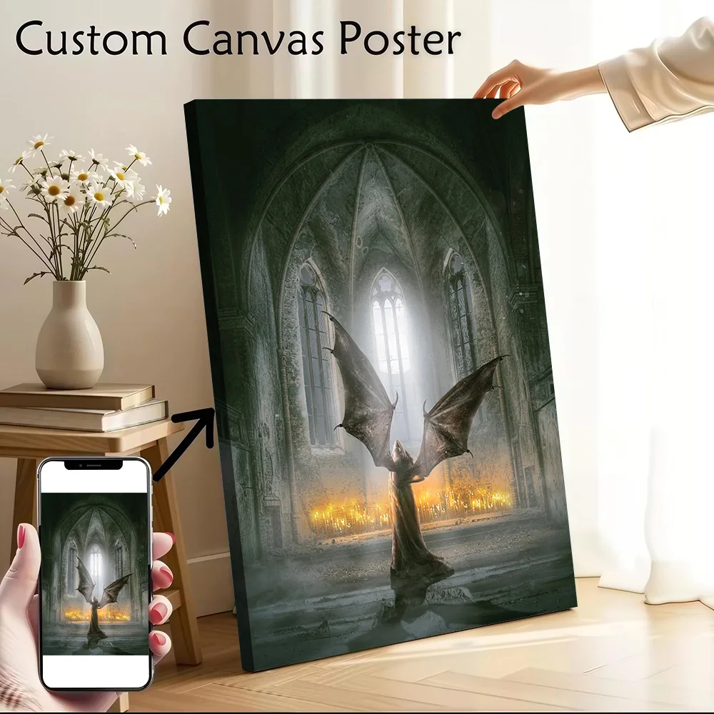 Veil of the Fallen - Winged Figure in Gothic Interior Canvas Poster Wall Art Customizable High Quality Printed Picture for Mural