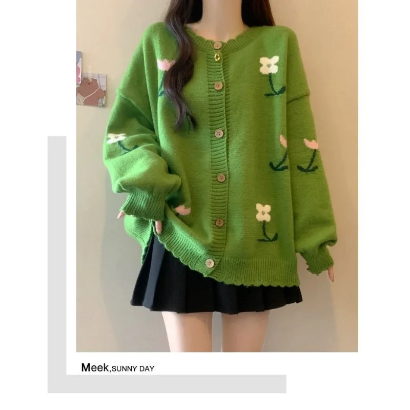 

Кардиган на пуговицах с круглым вырезом, свитер с длинными рукавами и цветочным принтом, пальто, женские топы, свободный трикотаж