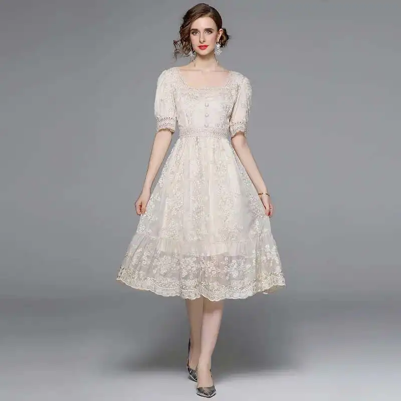 

Runway Flower Embroidery White Lace Prom Dresses Women 2024 Summer Short Sleeve Fashion Sweet Midi Long Dress Female New Style
