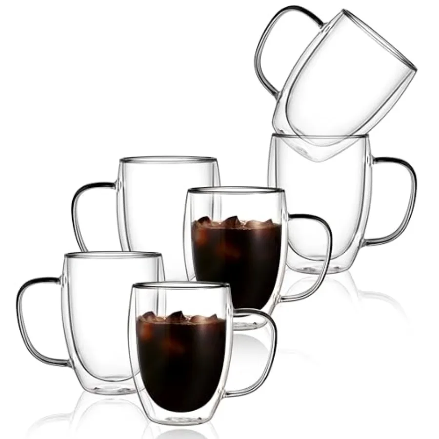 

6 Pack Double Walled Glass Coffee Mugs 12oz Clear Coffee Cups with Handle Insulated Glass Espresso Mugs for LatteCappuccino Tea