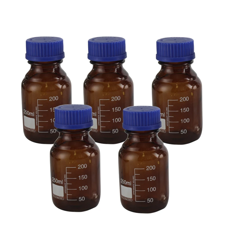 2 Buah/Banyak Kaca Threaded Lebar Mulut Botol Sutra Mulut Biru Tutup Botol Reagen Disegel Botol Laboratorium Sampling Botol Coklat