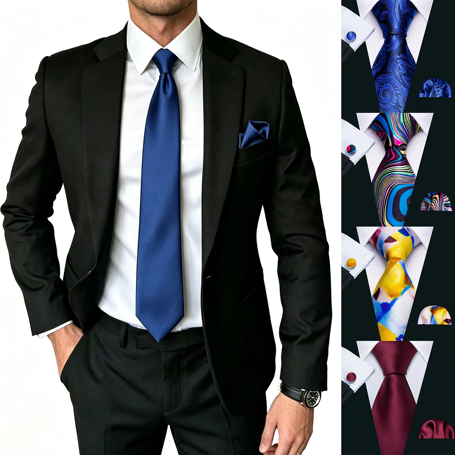 Abstract Art Paisley Mens Tie Set 3PCS, Colorful Swirl Solid Necktie Set For Casual Events