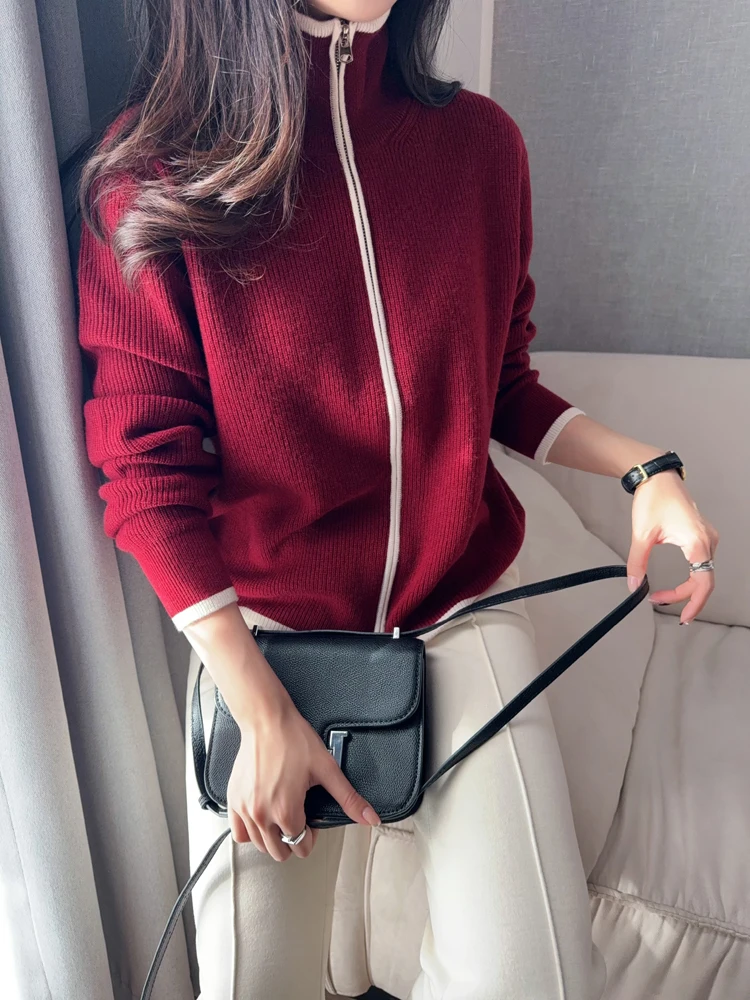 

Autumn and winter contrast collar double zipper cashmere knit cardigan Joker loose sweater coat