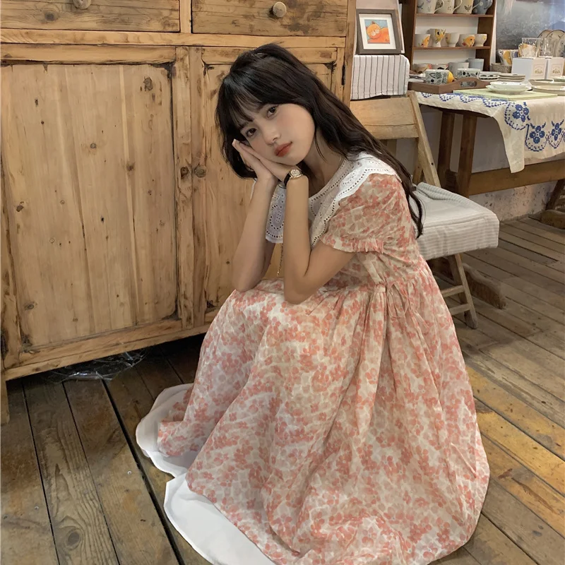 

Японское милое платье с цветочным принтом, женское платье с воротником Питера Пэна и завязками на талии, трапециевидное платье средней длины, летнее пляжное платье с принтом