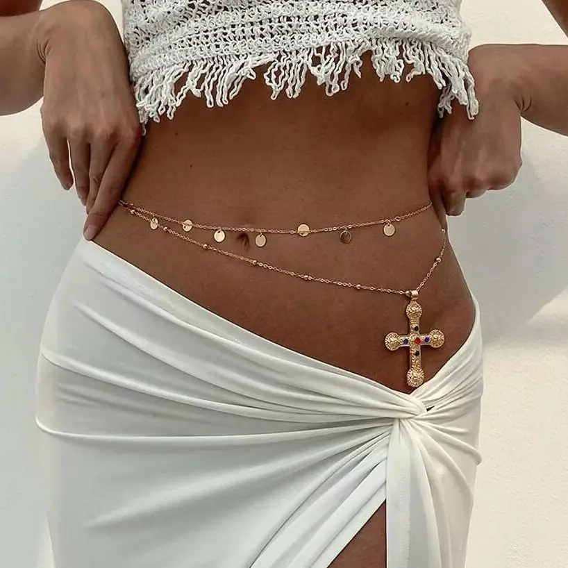 

PuRui 2Pcs/Set Trendy Glitter Cross Pendant Belly Chain Women Summer Beach Bikini Sexy Belt Waist Chain Body Jewely Accessories