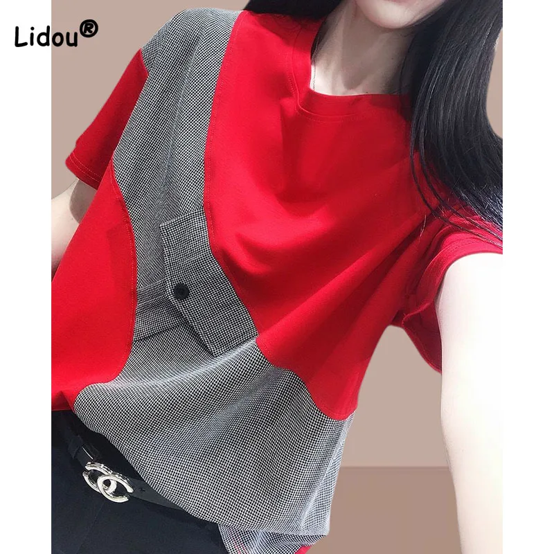 Korean Fashion Female Patchwork Short Sleeve T-shirt 2023 Summer Women\'s Clothing Commute All-match Round Neck Pullovers Tops