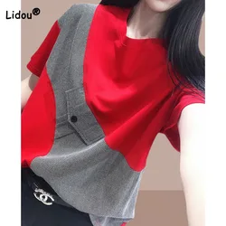 Korean Fashion Female Patchwork Short Sleeve T-shirt 2023 Summer Women's Clothing Commute All-match Round Neck Pullovers Tops